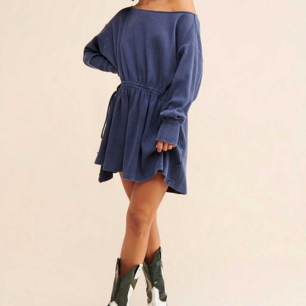 Free People Indigo Off-Shoulder Waffle Knit Drawstring Mini Dress